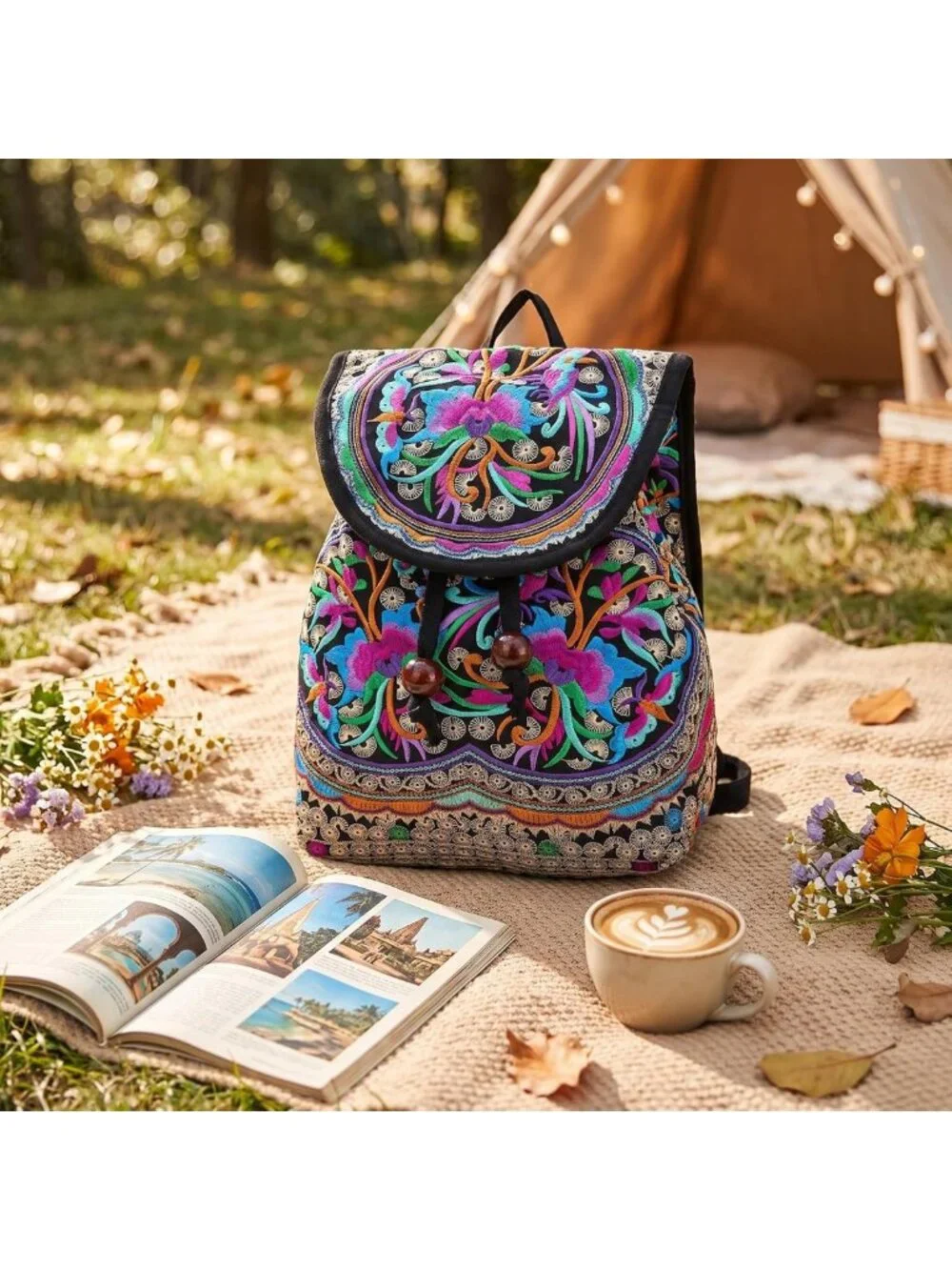 Embroidered Floral Backpack Purse for Women | Lightweight Canvas Boho Daypack